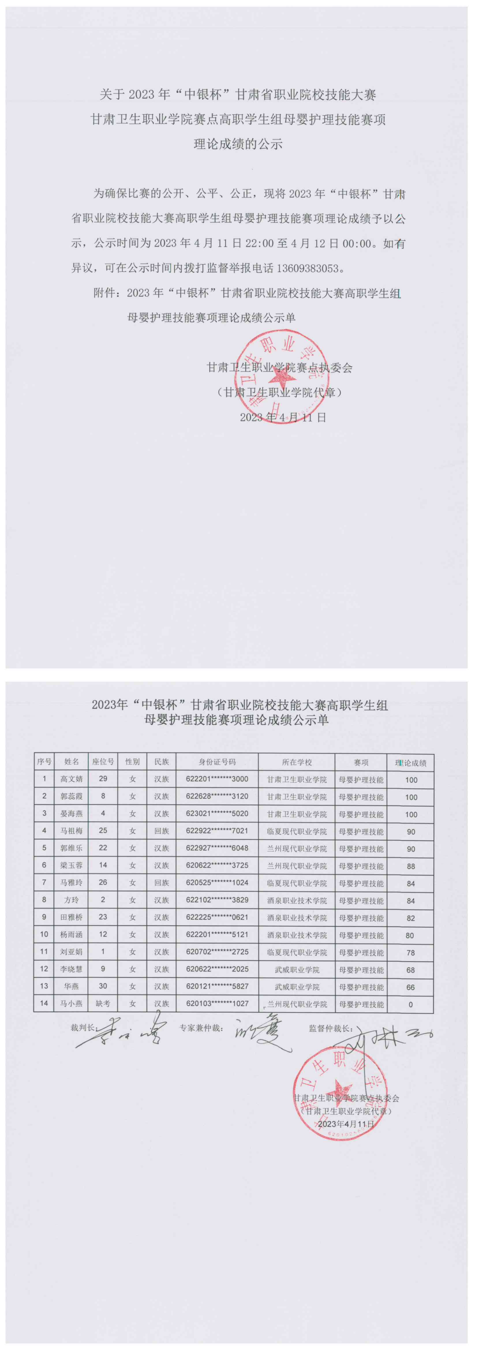 02关于2023年“中银杯”甘肃省职业院校技能大赛英国365上市官网赛点高职学生组母婴护理技能赛项理论成绩的公示.png